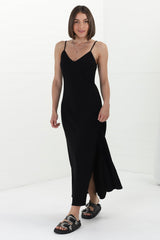 Elio Maxi Dress - Spaghetti Strap A Line Slip Dress in Black