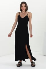 Elio Maxi Dress - Spaghetti Strap A Line Slip Dress in Black