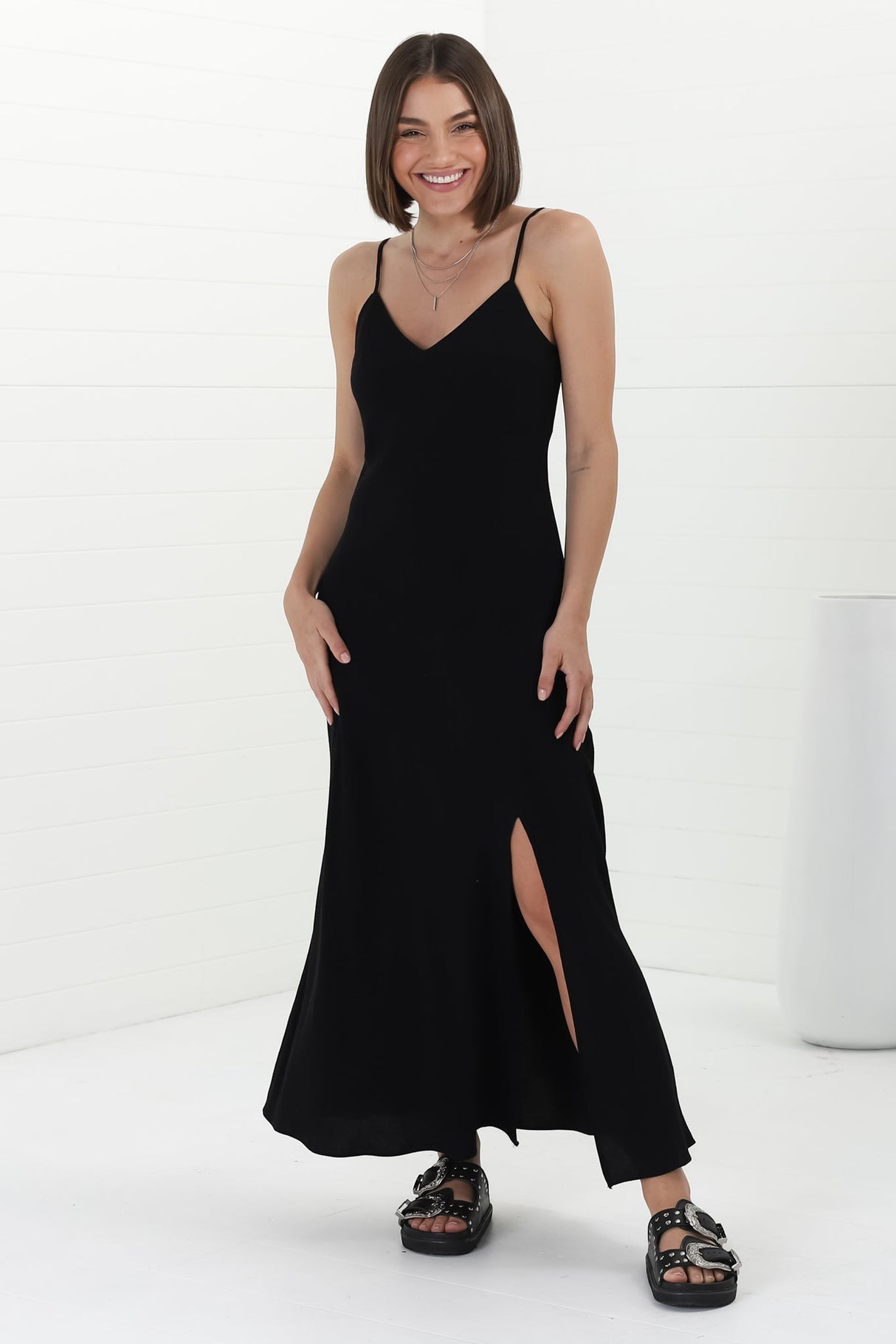 Elio Maxi Dress - Spaghetti Strap A Line Slip Dress in Black