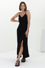 Elio Maxi Dress - Spaghetti Strap A Line Slip Dress in Black