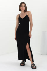 Elio Maxi Dress - Spaghetti Strap A Line Slip Dress in Black