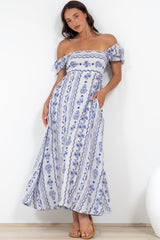 Elira Maxi Dress - Milkmaid Neckline A-Line Dress with Short Sleeves in Mabel Print