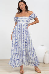 Elira Maxi Dress - Milkmaid Neckline A-Line Dress with Short Sleeves in Mabel Print