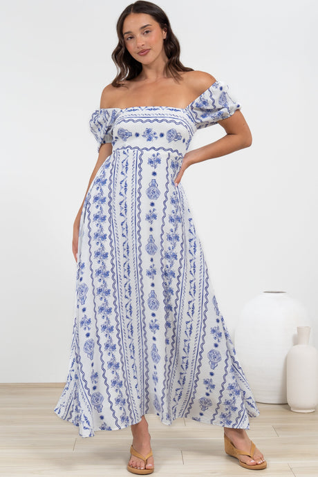 Elira Maxi Dress - Milkmaid Neckline A-Line Dress with Short Sleeves in Mabel Print