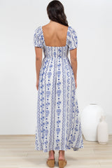 Elira Maxi Dress - Milkmaid Neckline A-Line Dress with Short Sleeves in Mabel Print