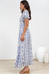 Elira Maxi Dress - Milkmaid Neckline A-Line Dress with Short Sleeves in Mabel Print