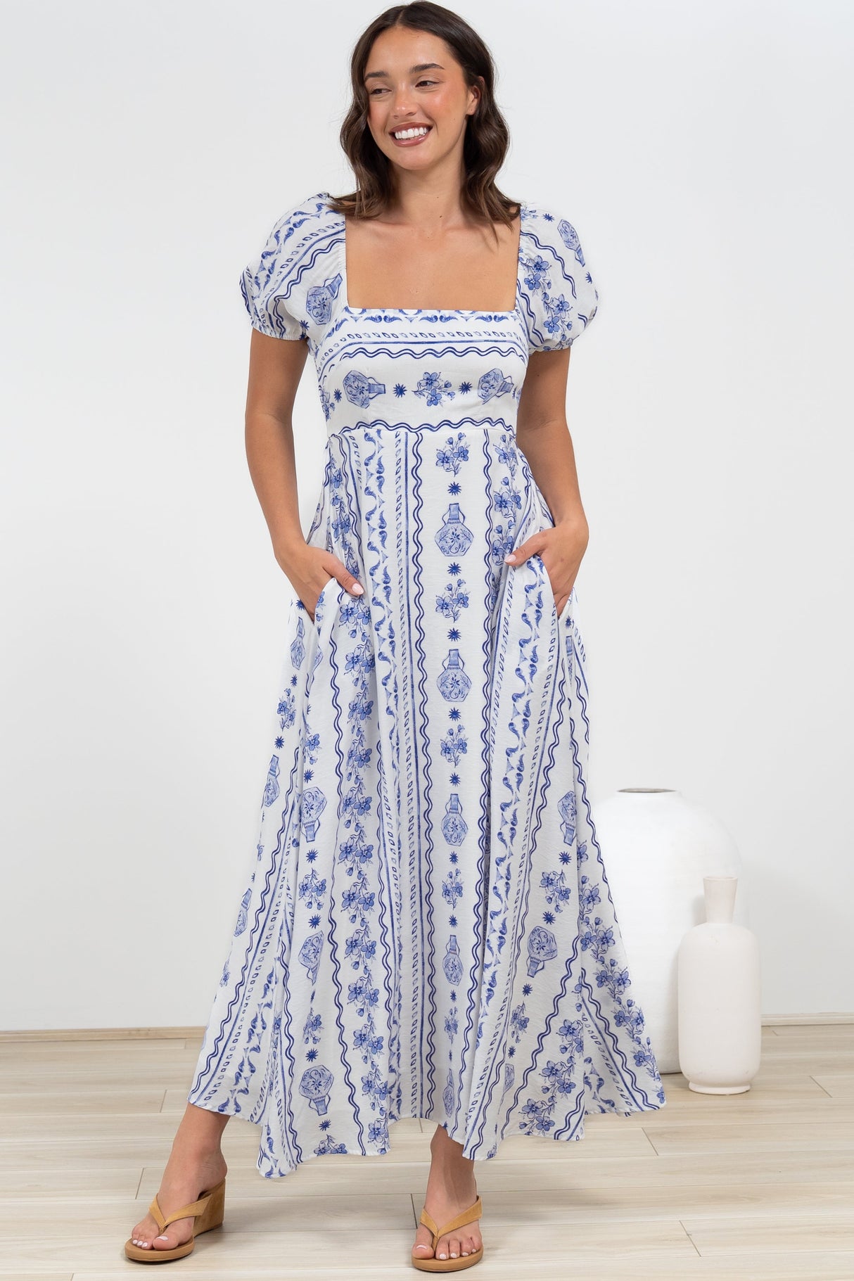 Elira Maxi Dress - Milkmaid Neckline A-Line Dress with Short Sleeves in Mabel Print