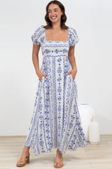 Elira Maxi Dress - Milkmaid Neckline A-Line Dress with Short Sleeves in Mabel Print