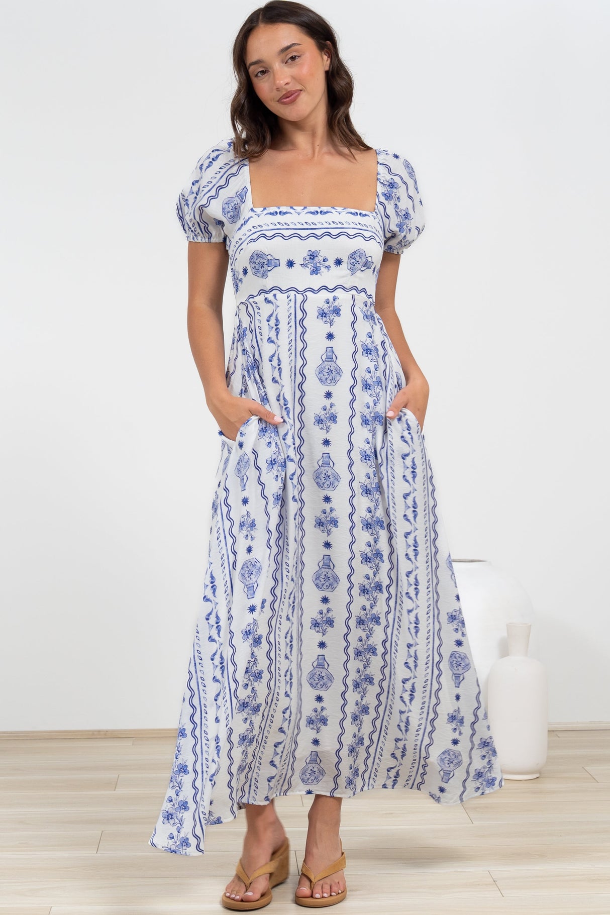 Elira Maxi Dress - Milkmaid Neckline A-Line Dress with Short Sleeves in Mabel Print