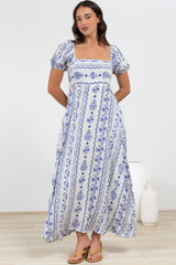 Elira Maxi Dress - Milkmaid Neckline A-Line Dress with Short Sleeves in Mabel Print