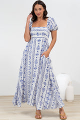 Elira Maxi Dress - Milkmaid Neckline A-Line Dress with Short Sleeves in Mabel Print