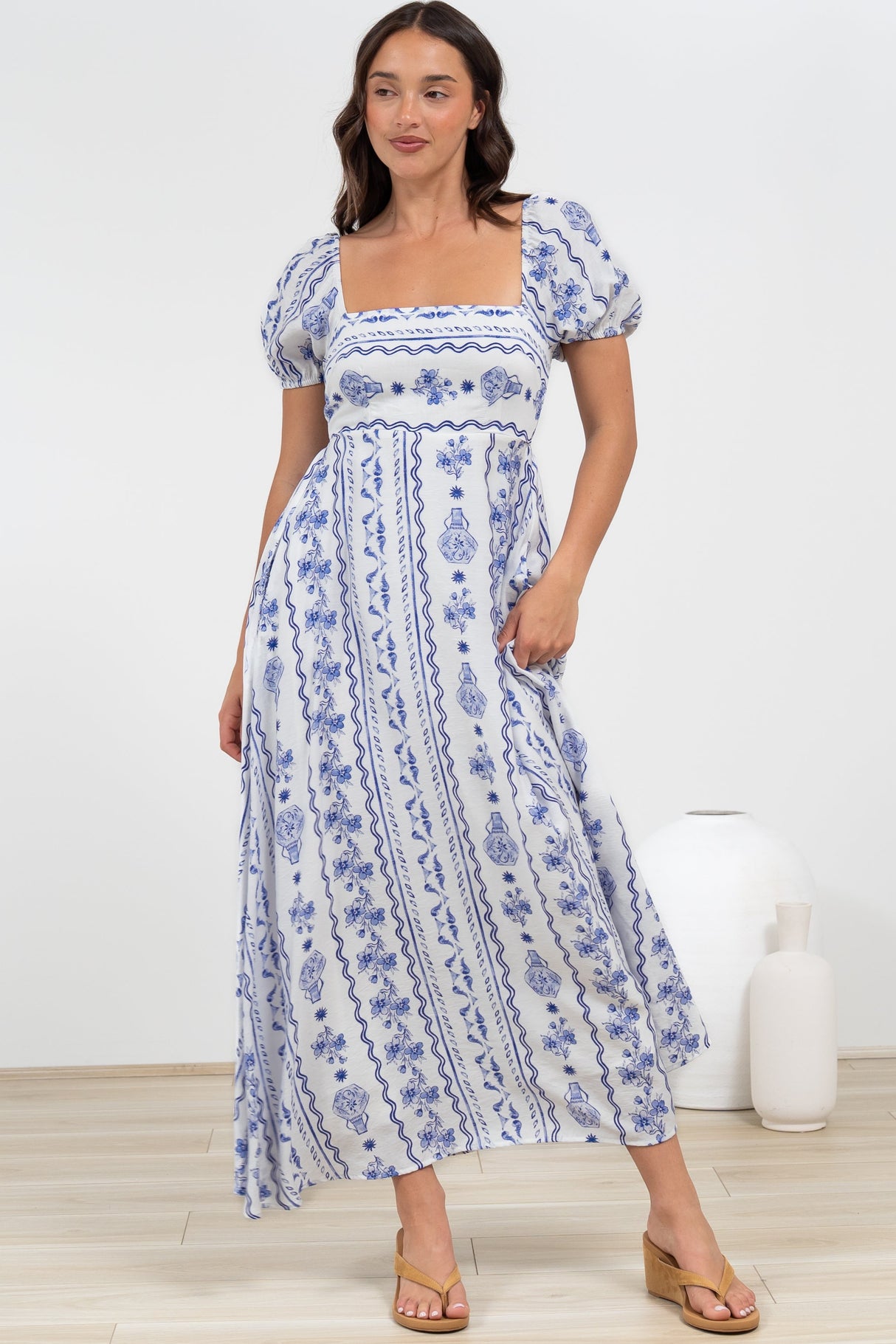Elira Maxi Dress - Milkmaid Neckline A-Line Dress with Short Sleeves in Mabel Print