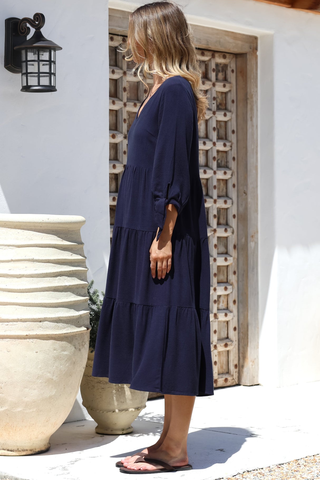 Elisabette Midi Dress - V-Neck Tiered Linen Dress with 3/4 Tie Cuff Sleeves in Navy