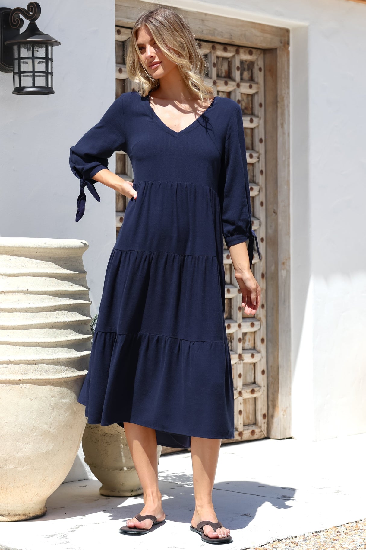 Elisabette Midi Dress - V-Neck Tiered Linen Dress with 3/4 Tie Cuff Sleeves in Navy