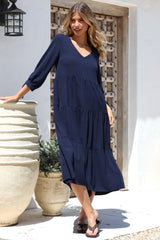 Elisabette Midi Dress - V-Neck Tiered Linen Dress with 3/4 Tie Cuff Sleeves in Navy