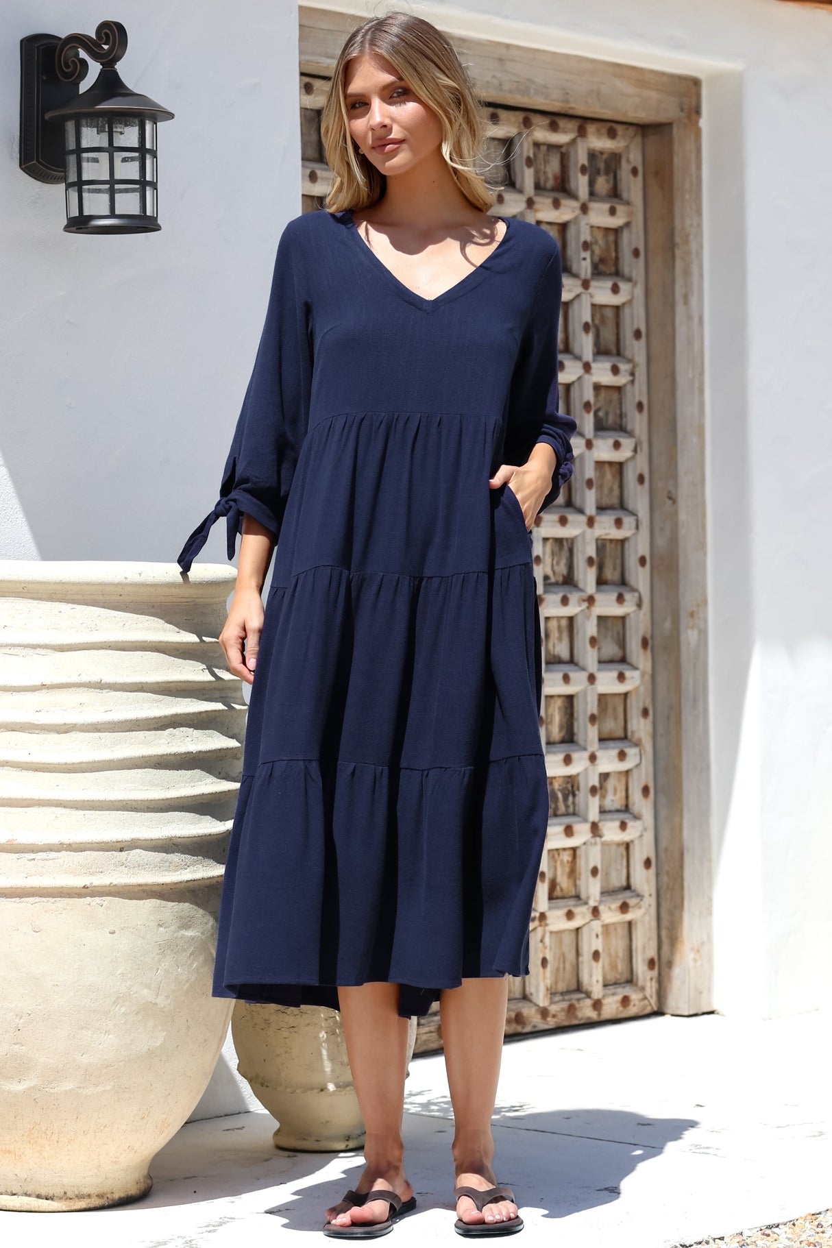 Elisabette Midi Dress - V-Neck Tiered Linen Dress with 3/4 Tie Cuff Sleeves in Navy