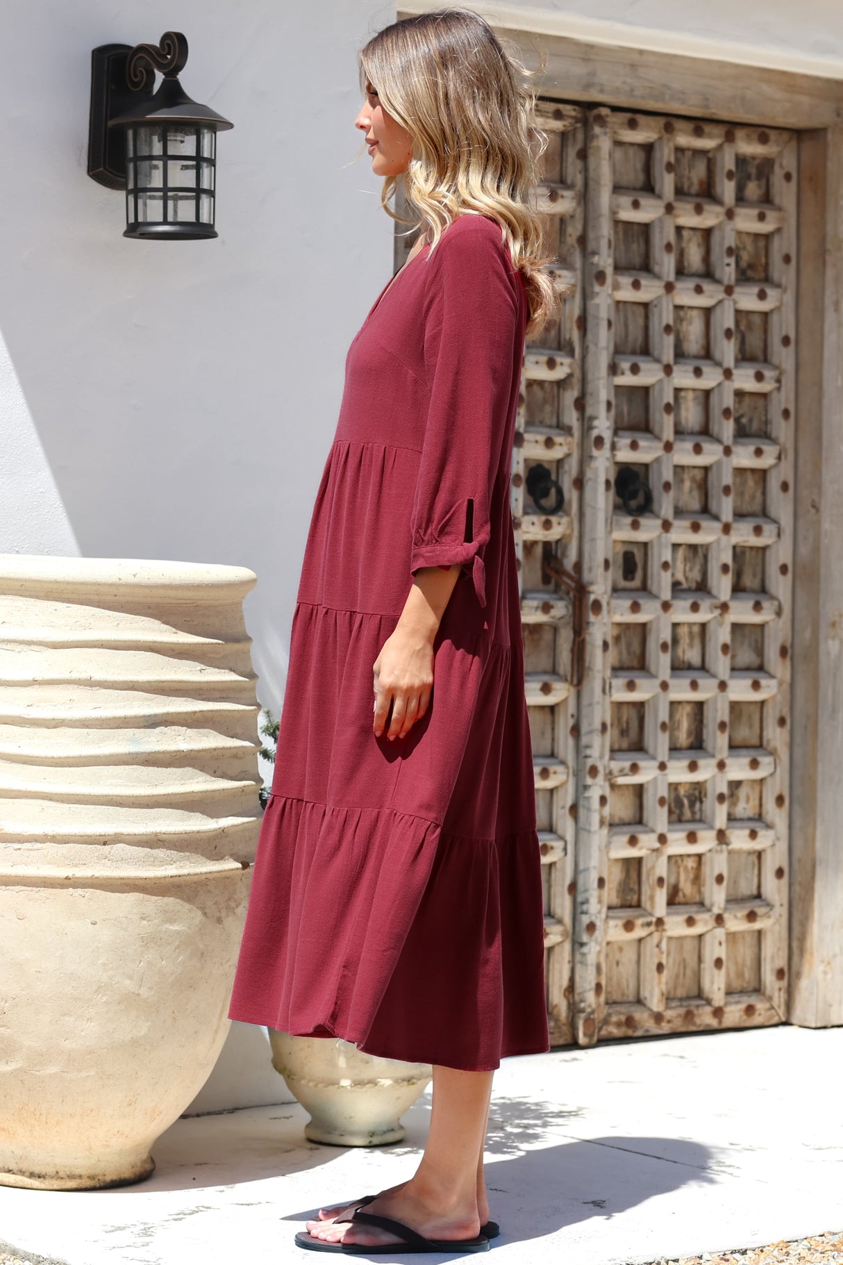 Elisabette Midi Dress - V-Neck Tiered Linen Dress with 3/4 Tie Cuff Sleeves in Rust