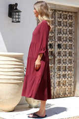 Elisabette Midi Dress - V-Neck Tiered Linen Dress with 3/4 Tie Cuff Sleeves in Rust