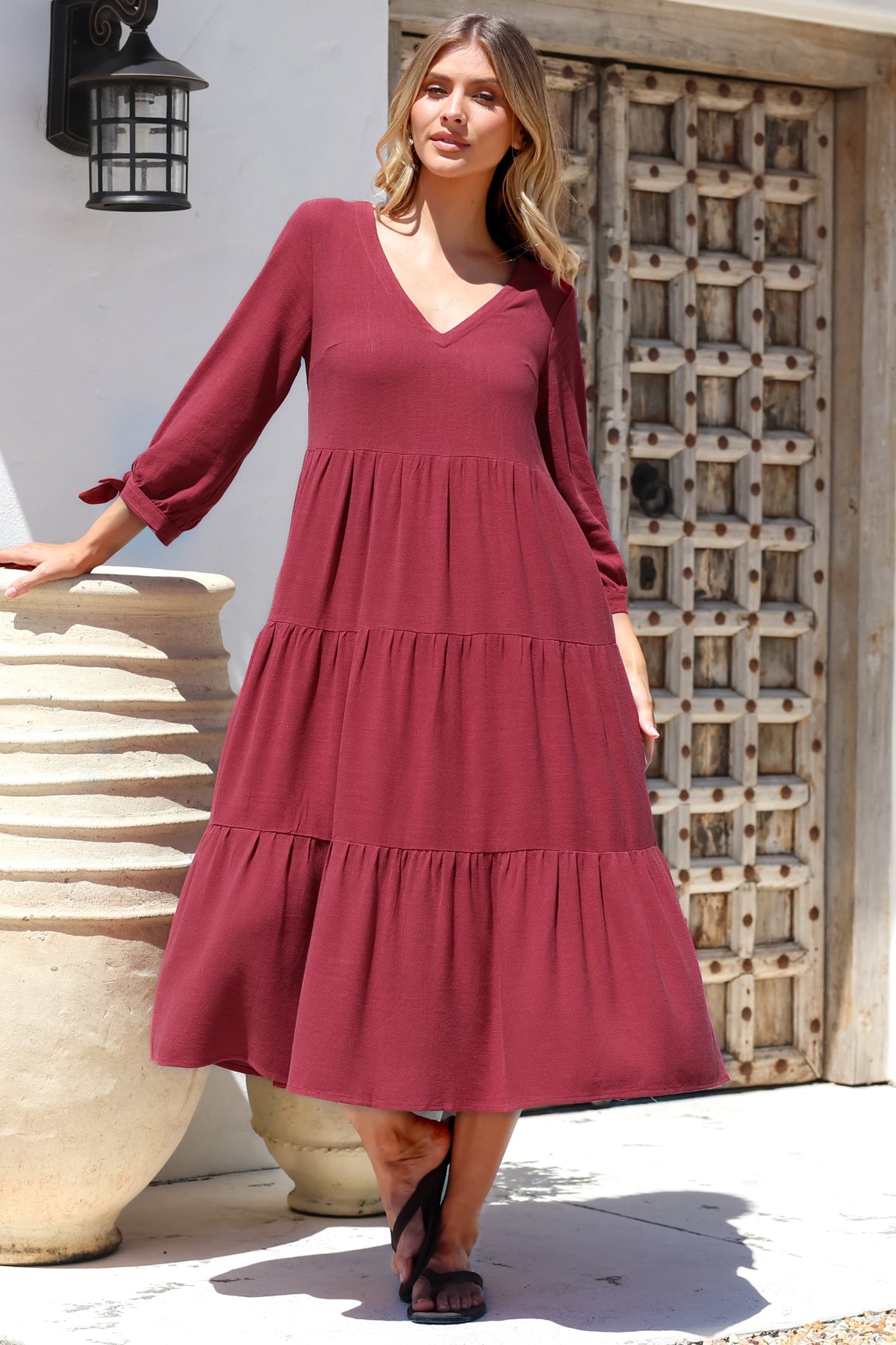 Elisabette Midi Dress - V-Neck Tiered Linen Dress with 3/4 Tie Cuff Sleeves in Rust