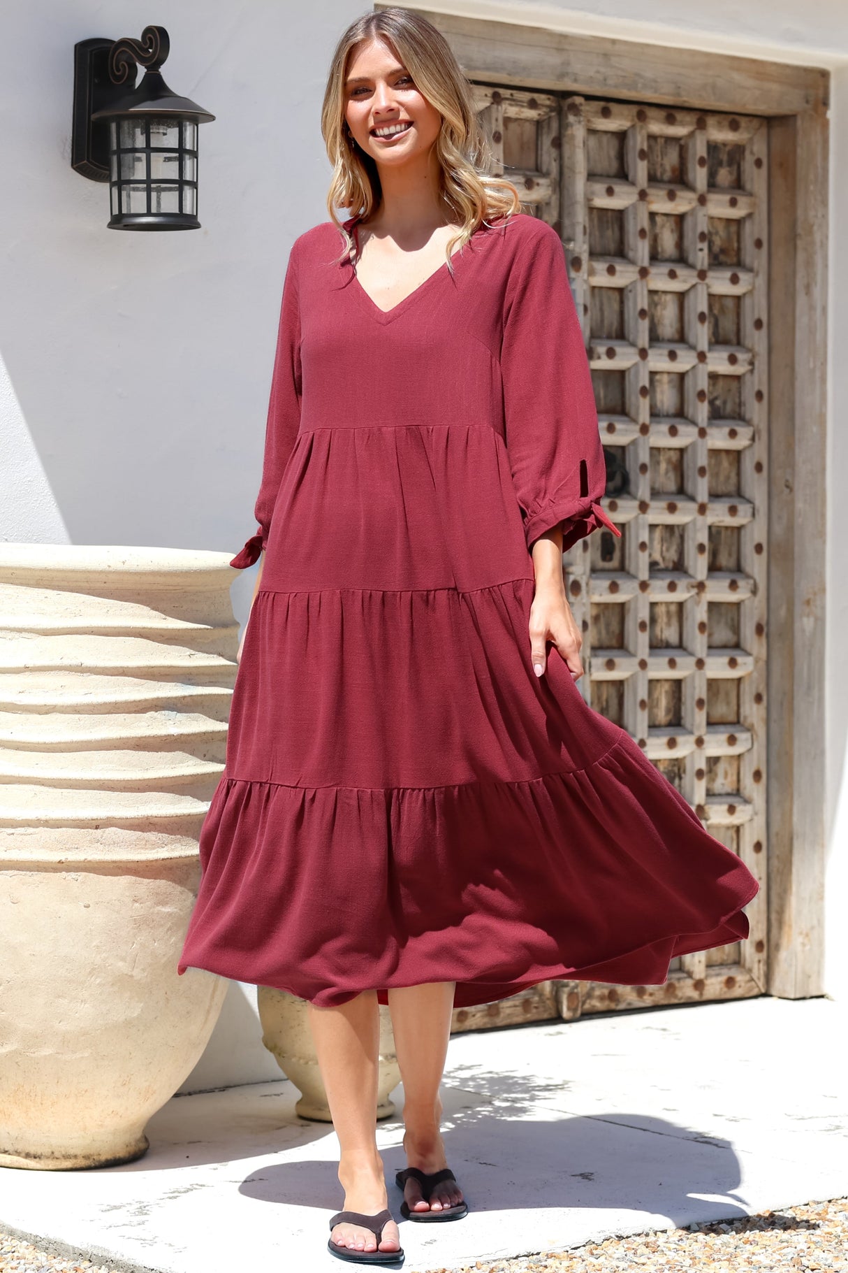 Elisabette Midi Dress - V-Neck Tiered Linen Dress with 3/4 Tie Cuff Sleeves in Rust