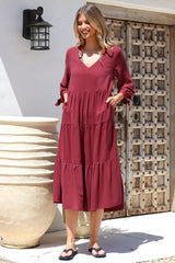 Elisabette Midi Dress - V-Neck Tiered Linen Dress with 3/4 Tie Cuff Sleeves in Rust