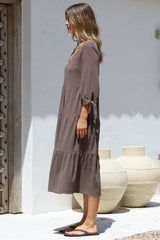 Elisabette Midi Dress - V-Neck Tiered Linen Dress with 3/4 Tie Cuff Sleeves in Chocolate