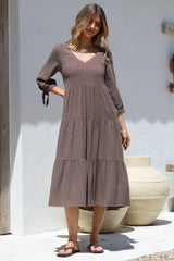 Elisabette Midi Dress - V-Neck Tiered Linen Dress with 3/4 Tie Cuff Sleeves in Chocolate