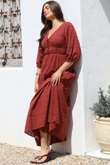 Elise Maxi Dress - Empire Waistline Dress with 3/4 Sleeves in Burgundy