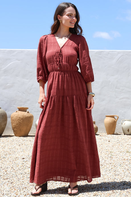 Elise Maxi Dress - Empire Waistline Dress with 3/4 Sleeves in Burgundy