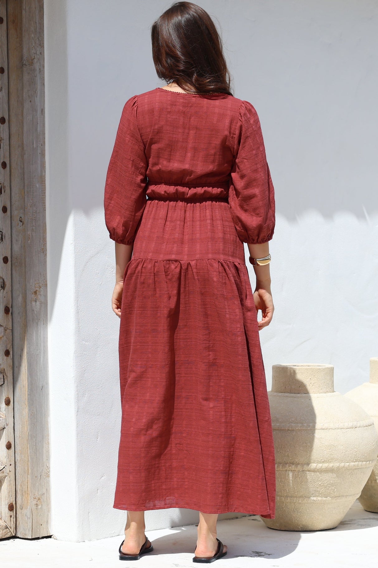 Elise Maxi Dress - Empire Waistline Dress with 3/4 Sleeves in Burgundy