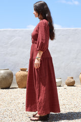 Elise Maxi Dress - Empire Waistline Dress with 3/4 Sleeves in Burgundy