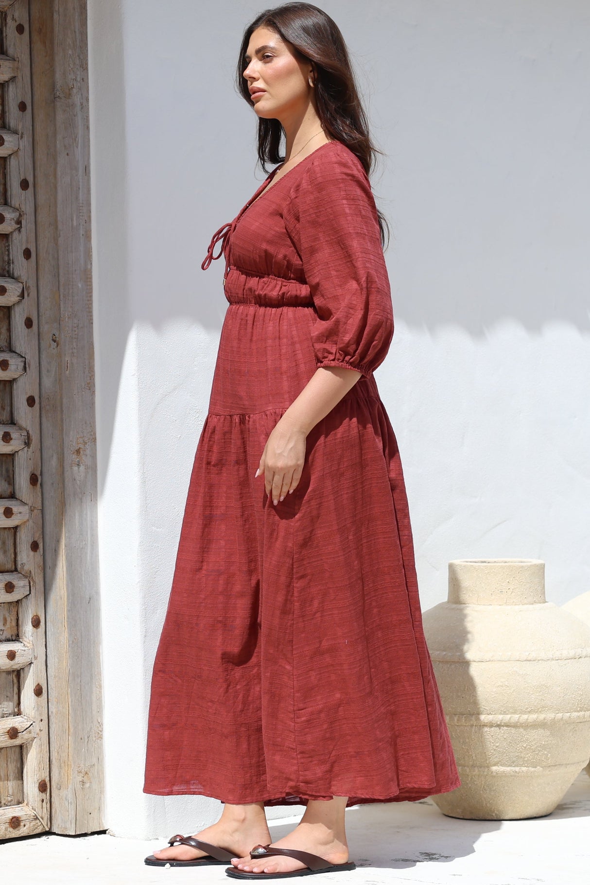 Elise Maxi Dress - Empire Waistline Dress with 3/4 Sleeves in Burgundy