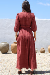 Elise Maxi Dress - Empire Waistline Dress with 3/4 Sleeves in Burgundy