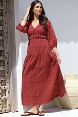 Elise Maxi Dress - Empire Waistline Dress with 3/4 Sleeves in Burgundy