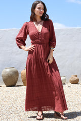 Elise Maxi Dress - Empire Waistline Dress with 3/4 Sleeves in Burgundy