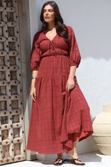 Elise Maxi Dress - Empire Waistline Dress with 3/4 Sleeves in Burgundy