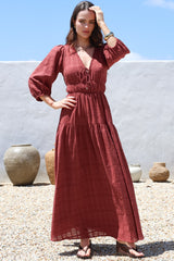 Elise Maxi Dress - Empire Waistline Dress with 3/4 Sleeves in Burgundy