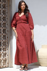 Elise Maxi Dress - Empire Waistline Dress with 3/4 Sleeves in Burgundy