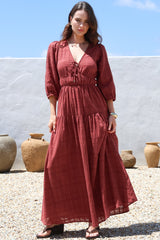 Elise Maxi Dress - Empire Waistline Dress with 3/4 Sleeves in Burgundy
