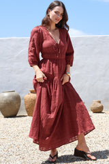 Elise Maxi Dress - Empire Waistline Dress with 3/4 Sleeves in Burgundy
