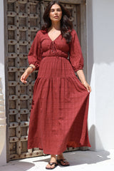 Elise Maxi Dress - Empire Waistline Dress with 3/4 Sleeves in Burgundy