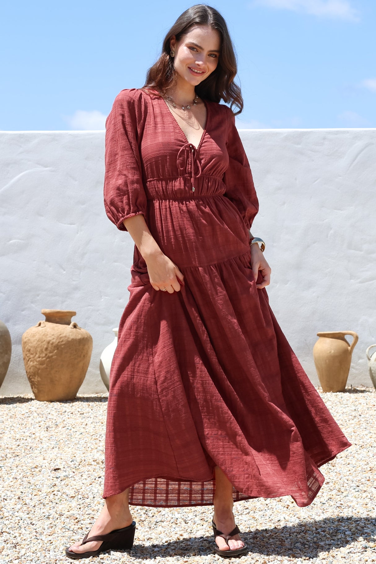 Elise Maxi Dress - Empire Waistline Dress with 3/4 Sleeves in Burgundy