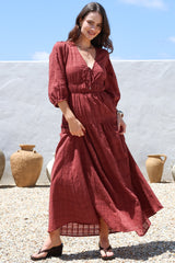 Elise Maxi Dress - Empire Waistline Dress with 3/4 Sleeves in Burgundy