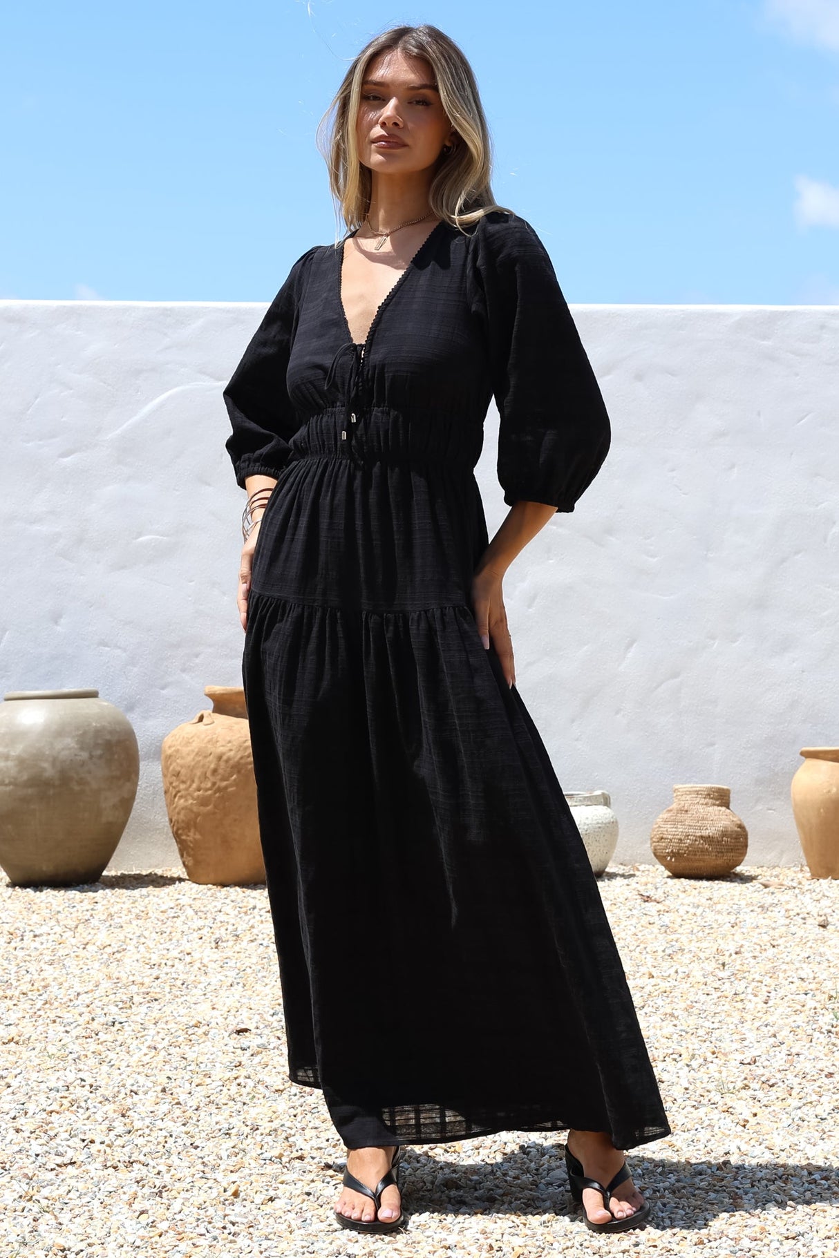 Elise Maxi Dress - Empire Waistline Dress with 3/4 Sleeves in Black
