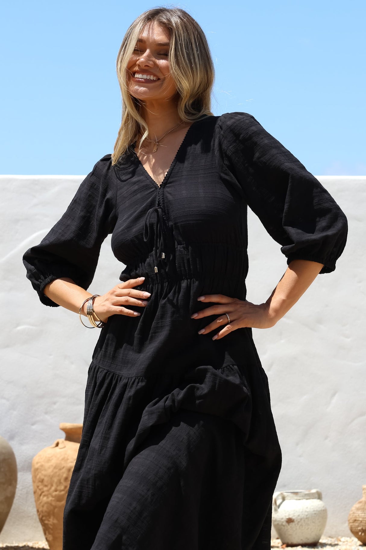 Elise Maxi Dress - Empire Waistline Dress with 3/4 Sleeves in Black