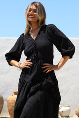 Elise Maxi Dress - Empire Waistline Dress with 3/4 Sleeves in Black