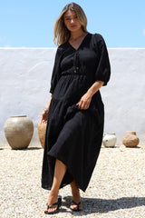 Elise Maxi Dress - Empire Waistline Dress with 3/4 Sleeves in Black