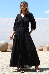 Elise Maxi Dress - Empire Waistline Dress with 3/4 Sleeves in Black