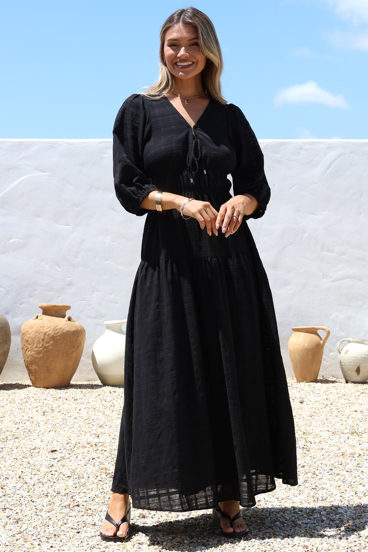 Elise Maxi Dress - Empire Waistline Dress with 3/4 Sleeves in Black