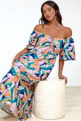 Elisha Midi Dress - On or Off Shoulder A-Line Dress with Empire Waistline in Leroy Print
